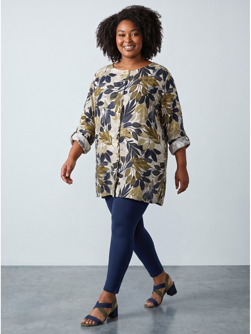 Tahari EUC Linen Tunic Blouse-Size 2X-Olive Navy Multi